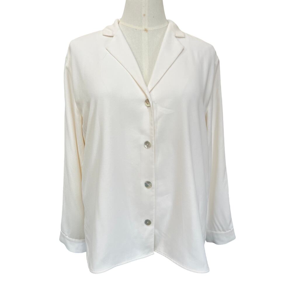 Oak + Fort Ivory Button Up Blouse Large Women Notch Collar Long Sleeve Shirt